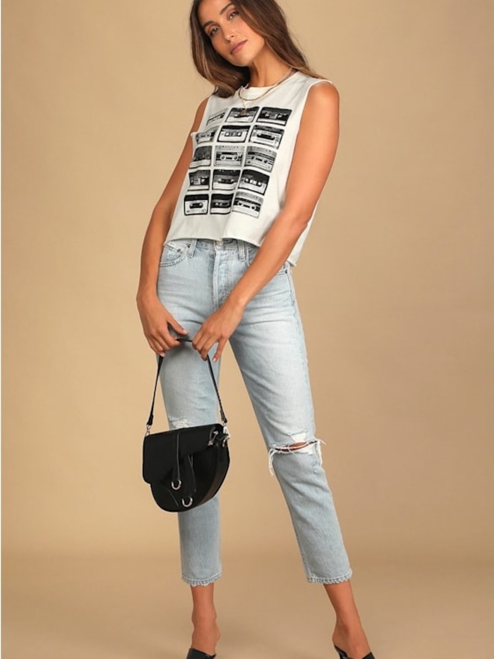 Lulus Cassette White Cropped Graphic Muscle Tank Top - Large - Picture 2 of 7